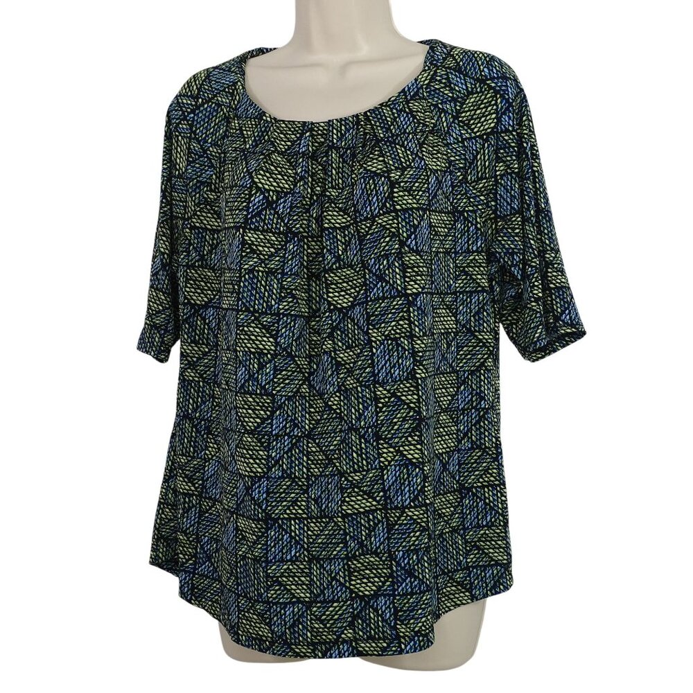 Liz Claiborne Geometric Print Blue Green Pleated Top Women Size L Short Sleeve